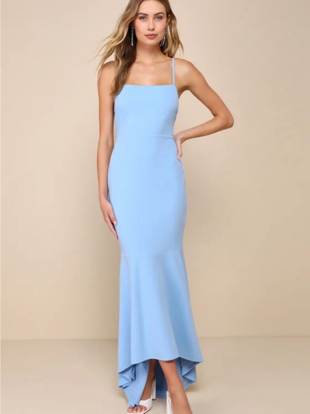 Lulu's Sky Blue Spaghetti Strap High-Low Mermaid Dress